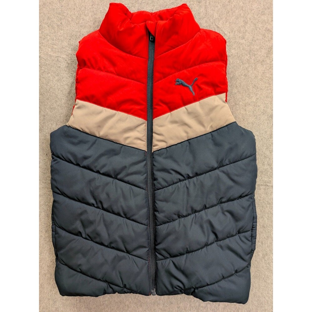 PUMA Boys Colorblock Puffer Vest Red Gray Blue Full Zip Size Small 7/8